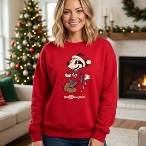 Walt Disney World Mickey Mouse Christmas Candy Cane Holiday Red Sweatshirt SizeL